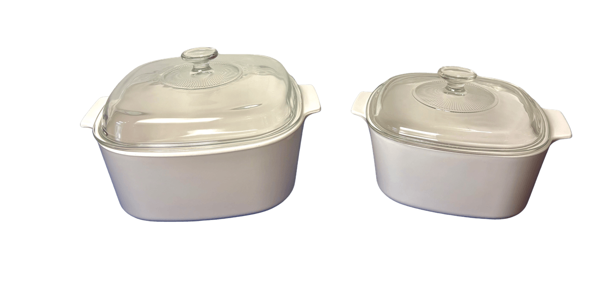 Set of 2 Vintage Corning Ware White Casserole Dishes with Glass Lids