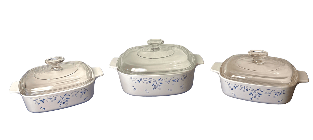 Set of 3 CorningWare Blue Heart Casserole Dishes with Glass Lids – Floral Pattern