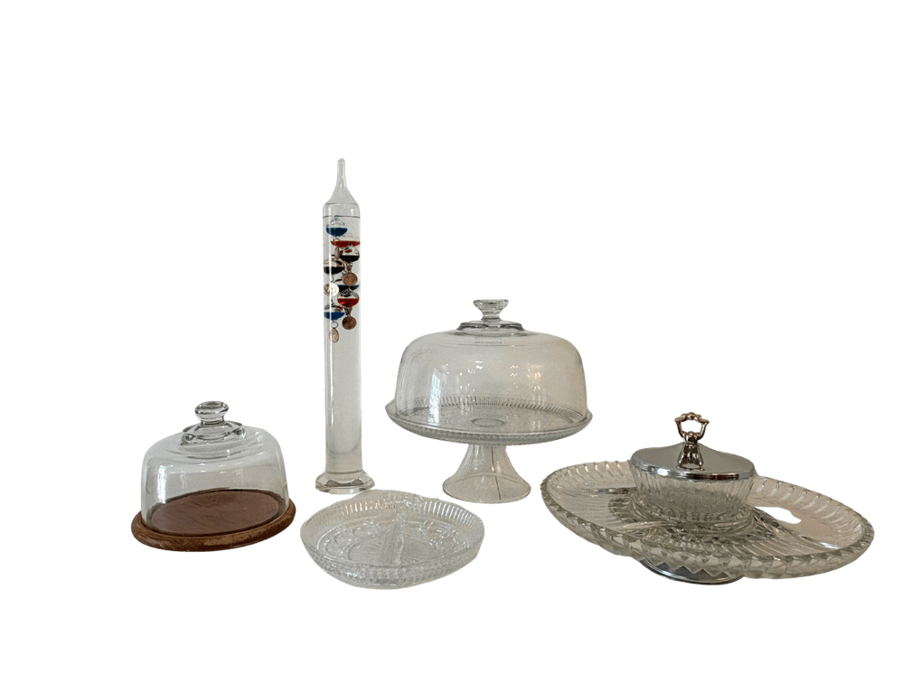 Glass Serving & Display Lot with Galileo Thermometer