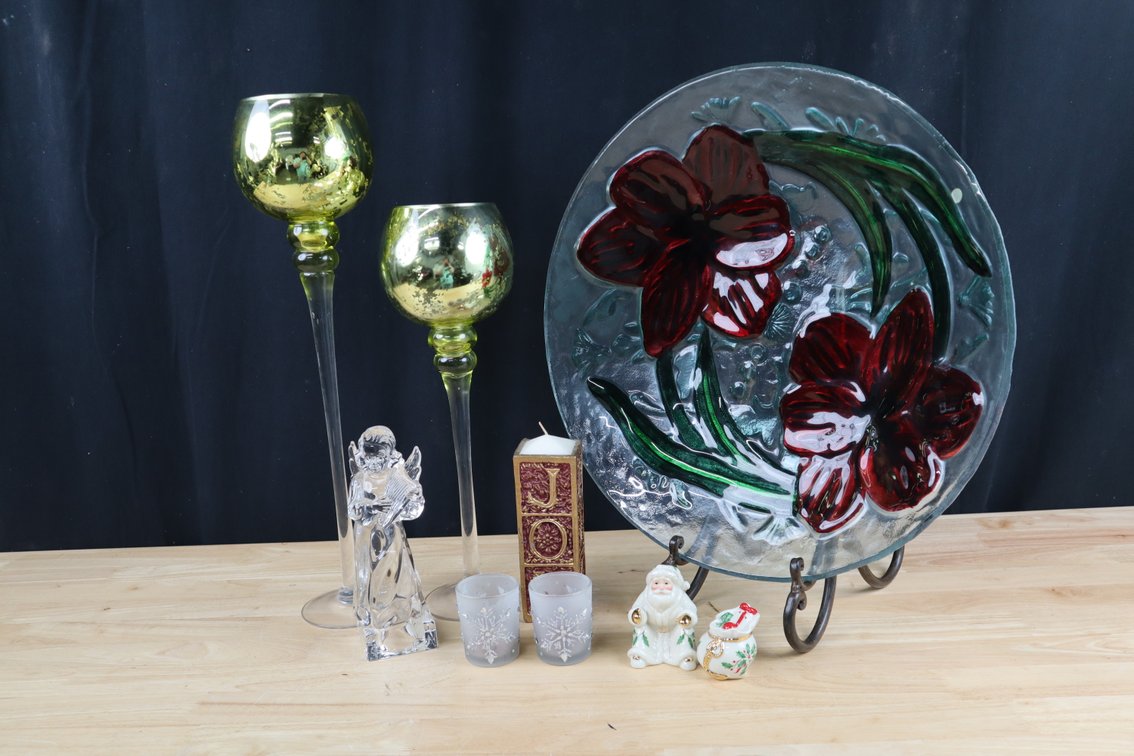 Assortment of Christmas Decor Including Poinsetta Decorative Platter, (2) Gold Long Stemmed Candle Holders, Mikasa Angel and More!