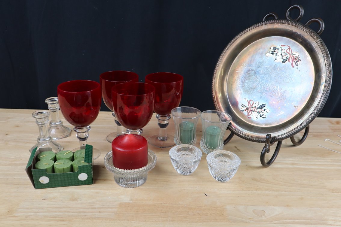 Collection of Holiday and Christmas Decor Including (4) Ruby Red Water Goblets, Taper Candlesticks, Crystal Candlestick Holders  and More!