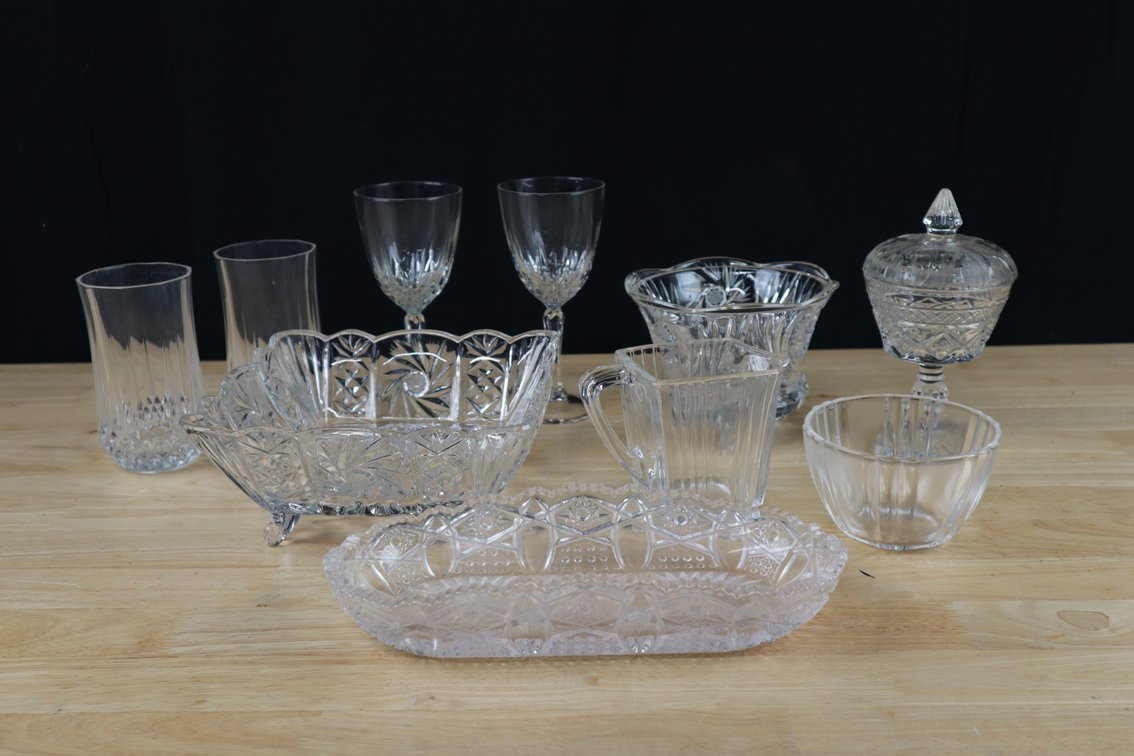 Collection of Cut Glass and Crystal Water and Wine Glasses, (2) Crystal Serving Dishes, Candy Dish and More!
