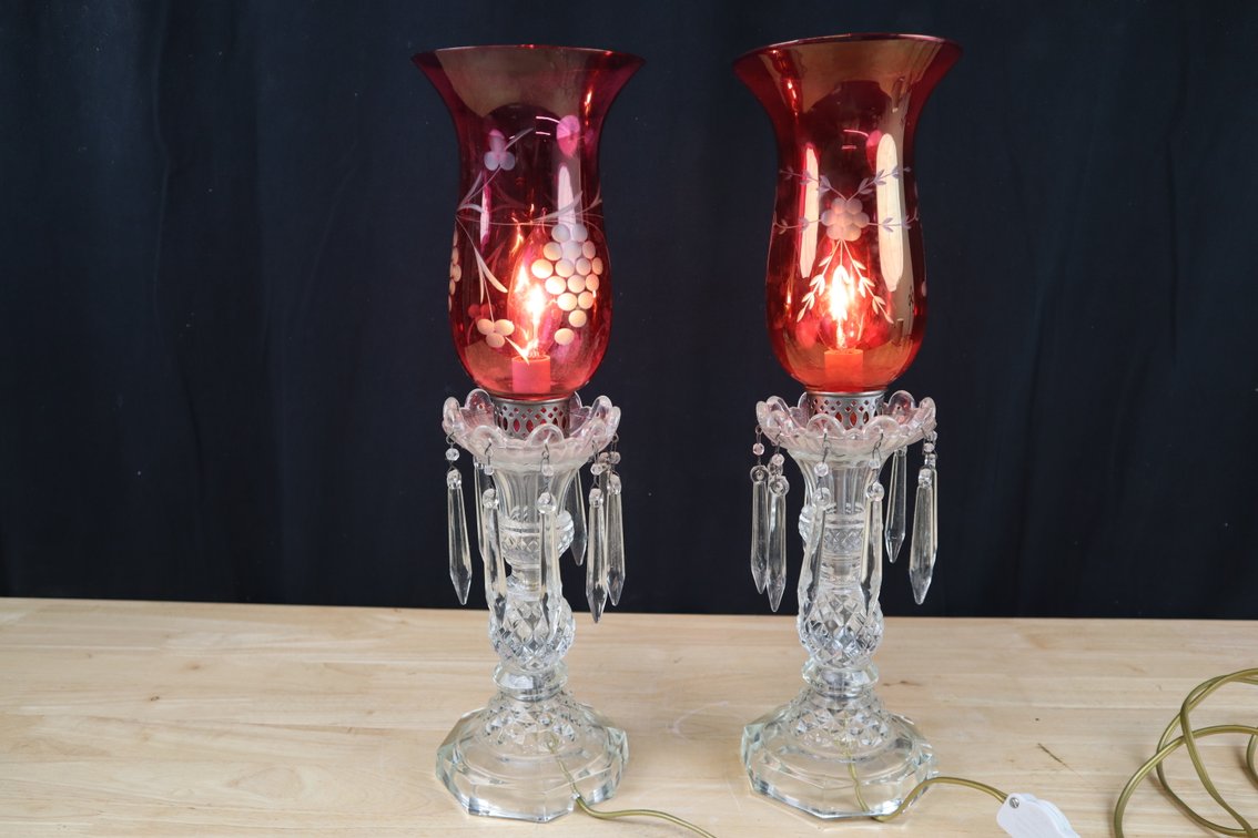 Historic Pebble Hill Plantation Cranberry Glass Electric Hurricane Lamps with Prisms