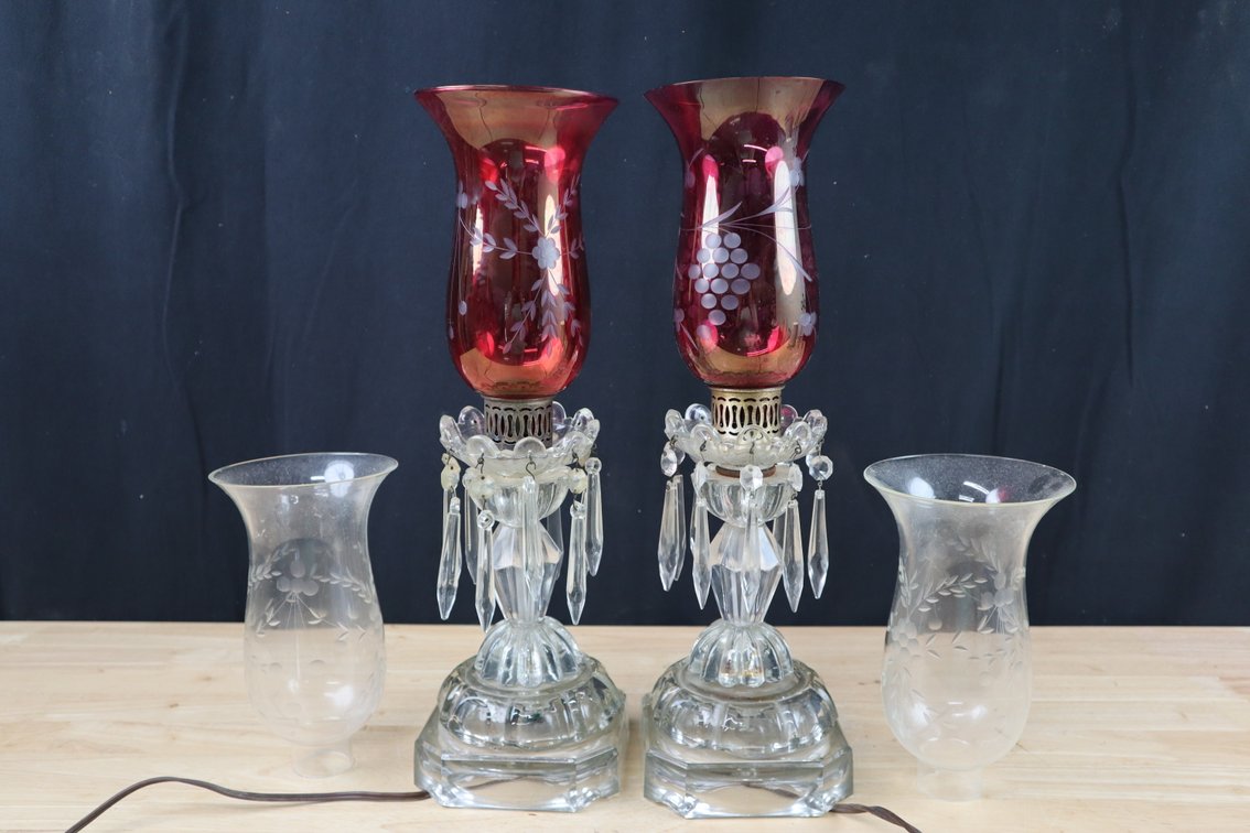 Historic Pebble Hill Plantation Cranberry Glass Electric Hurricane Lamps with Prisms and (2) Interchangeable Clear Glass Hurricane Lamp Shades