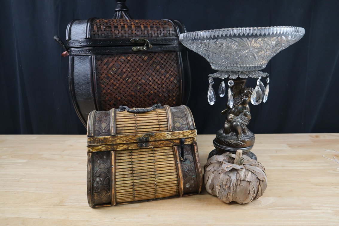 (2) Rattan Storage Baskets and Decorative Angel Based Decorative Bowl