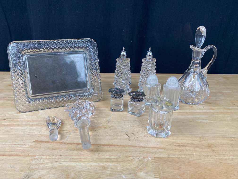 Collection of Crystal and Cut Glass Salt and Pepper Shakers, Picture Frame, (2) Bottle Stoppers, Vintage Bohemia Glass Salt Container and More!