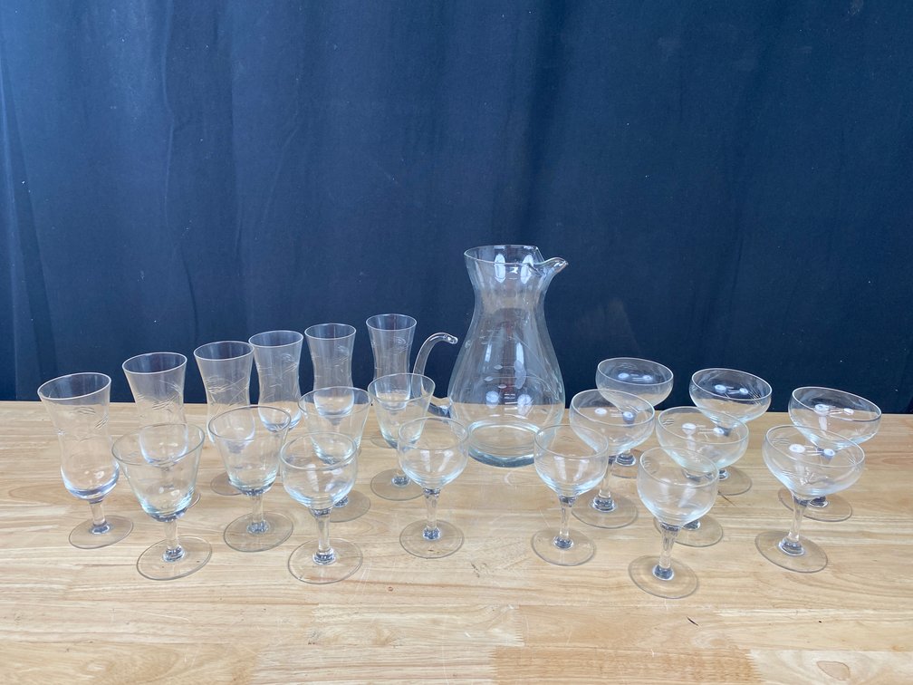 Princess House Glass Pitcher with (6) Champagne Glasses, (4) Wine Glasses, (4) Cordial Glasses & (6) Sherry Glasses