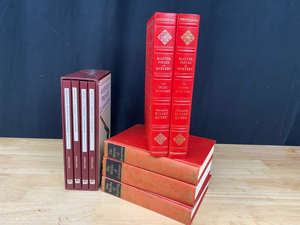 Collection of Books including America's Premier Gunmakers , Guide De Maupasant, Works of Shakespeare, Rudyard Kipling, (2) Masterpieces of Mystery