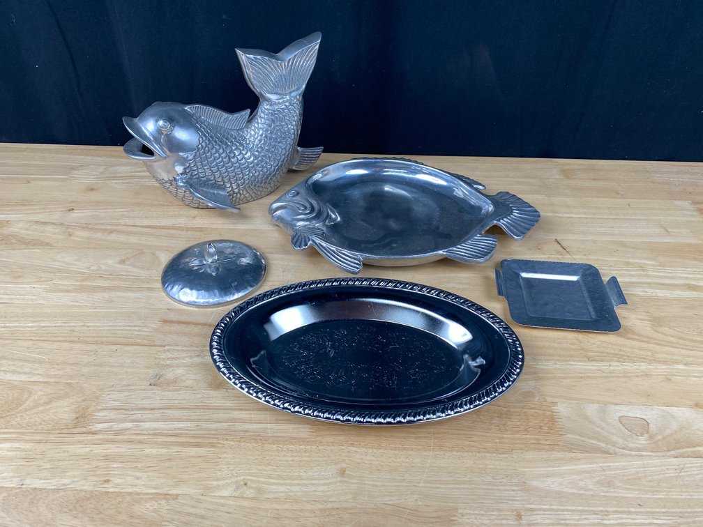 Assortment of Pewter and Hammered Aluminum Serving Trays and Decor 