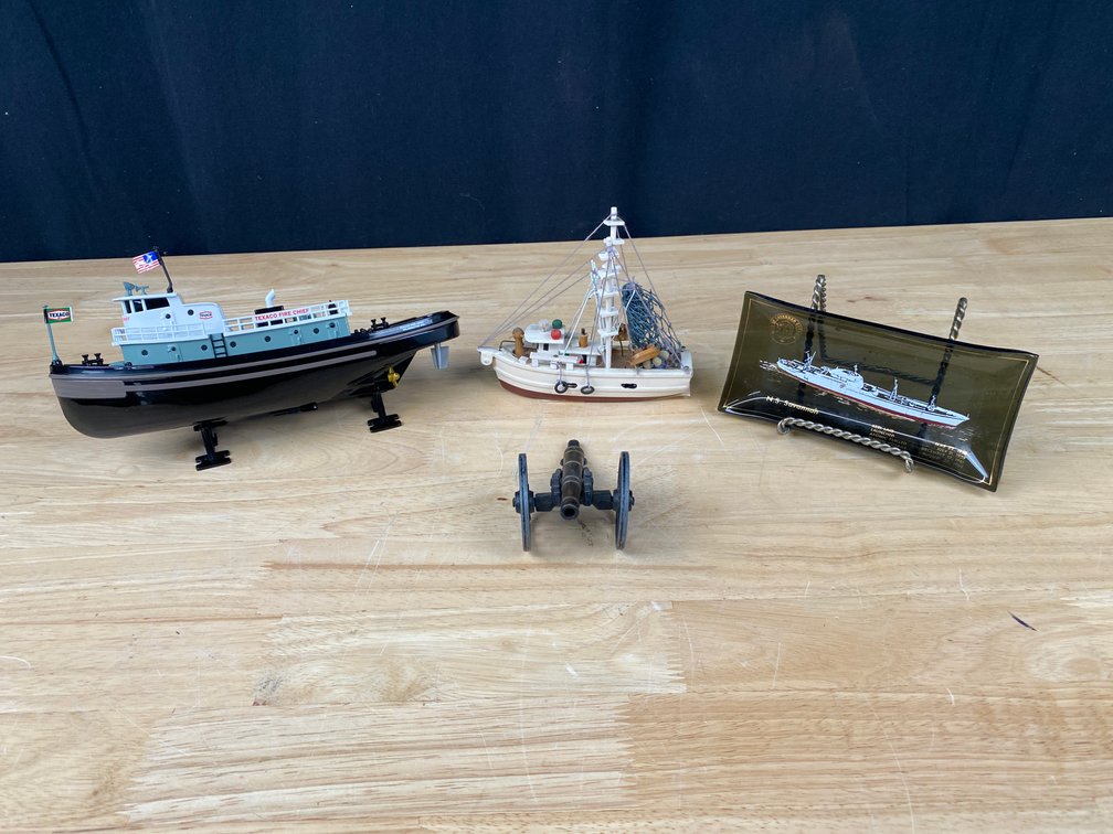 Assortment of Office Trinkets including Die Cast Texaco Boat/Bank, Gift Shop Style Boat and More!