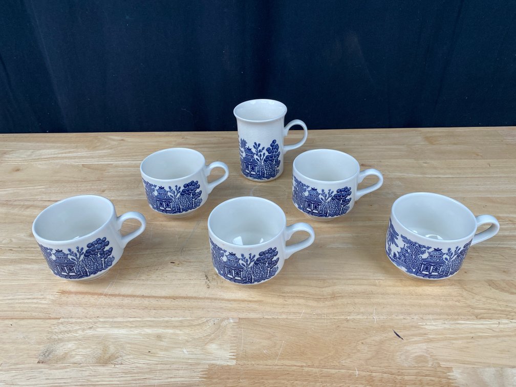 (6) Made in England Blue Willow Mugs