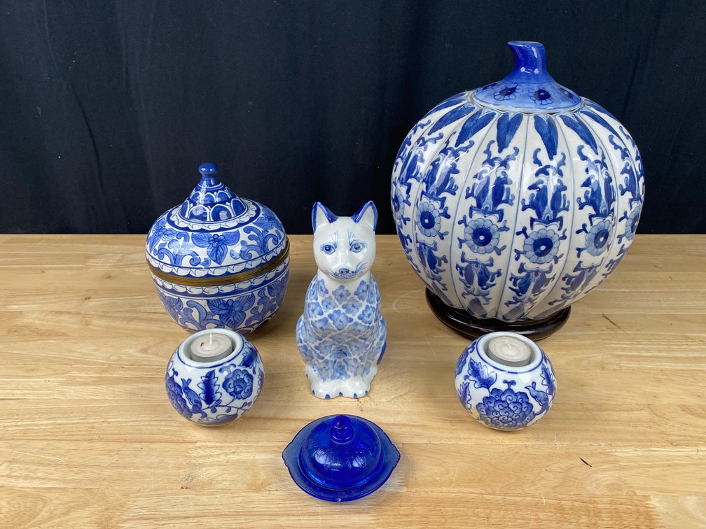 Assortment of Blue and White Ceramics including Candles, Cat Figurine, Pumpkin and More!