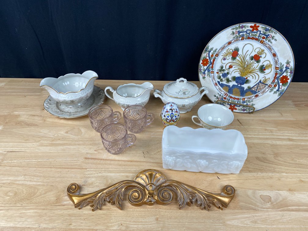 Assortment of Vintage Home Decor and Table Ware Inlcuding Sugar and Creamer Vogue Fine China, Fire King Milk Glass Harvest Patterned Planter, Faberge Egg and More!
