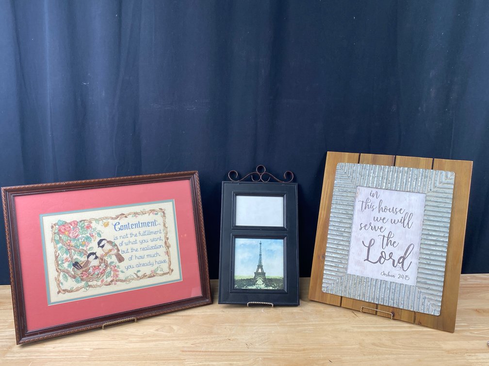 Assortment of Frames Including Bird Themed Needlepoint, We Will Serve the Lord Wall Hanging and More!