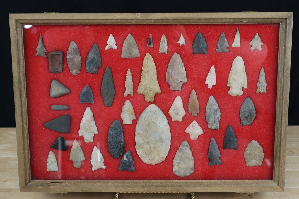 (42) Frame of Native American Artifacts Including Stemmed Points, Hardstone Relics, Blades and More