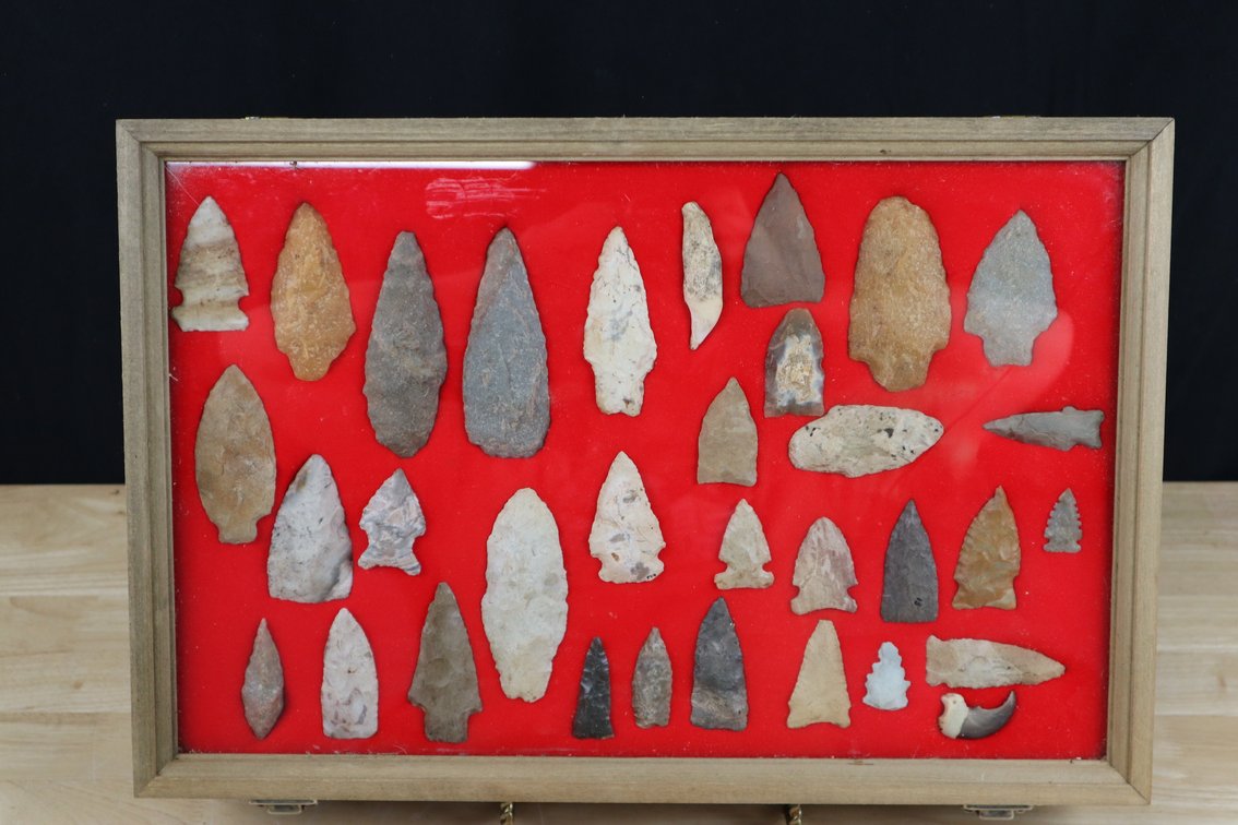 (32) Frame of Native American Artifacts - Southern Points, Fossils, and More