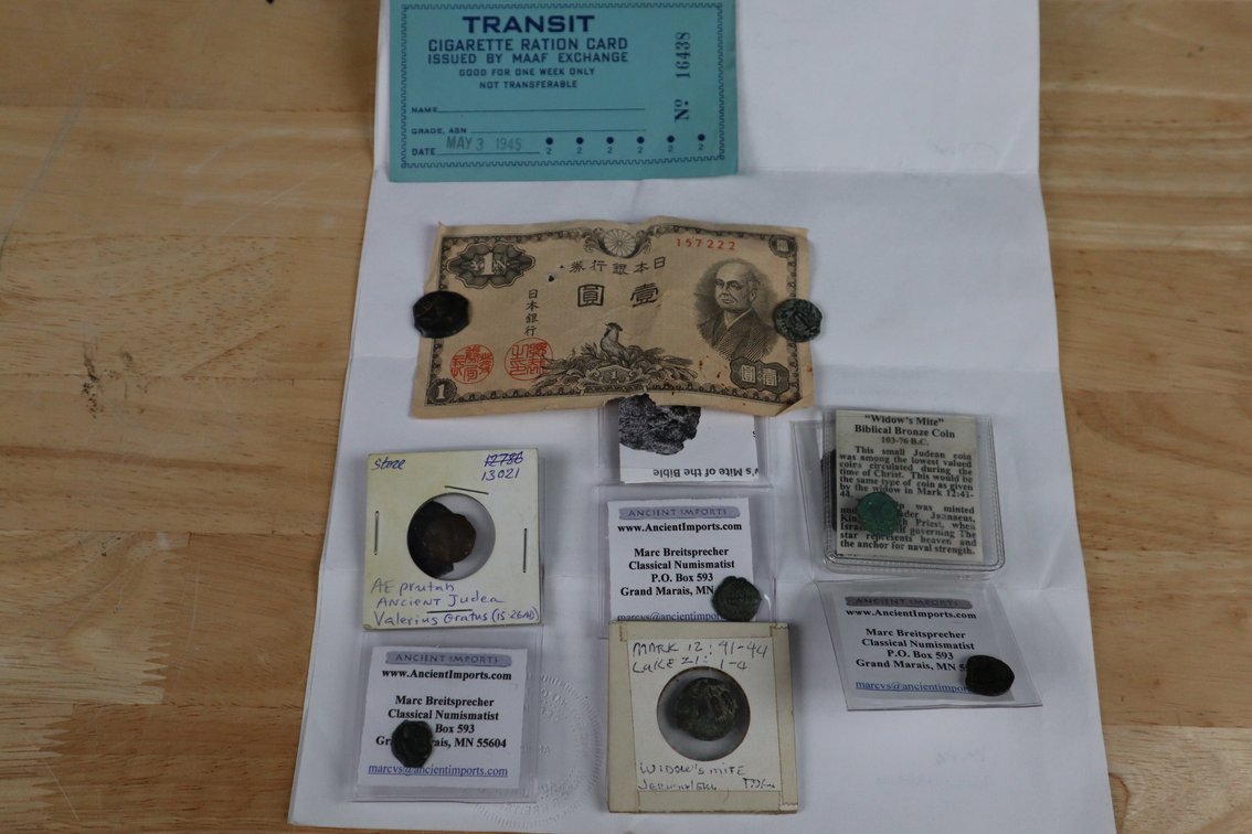 Lot of 8 Widow's Mite Coins, A WWII Cigarette Ration Card and a Japanese 1 YEN banknote