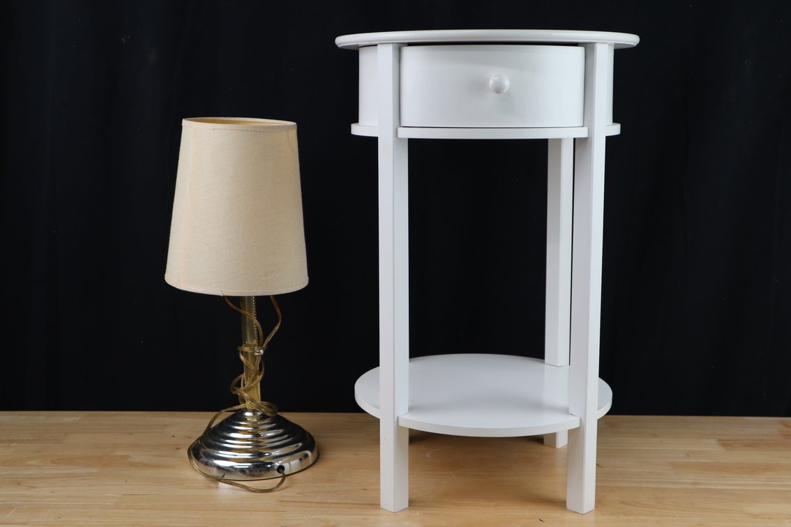 Table Lamp and Small Circular Side Table With Drawer