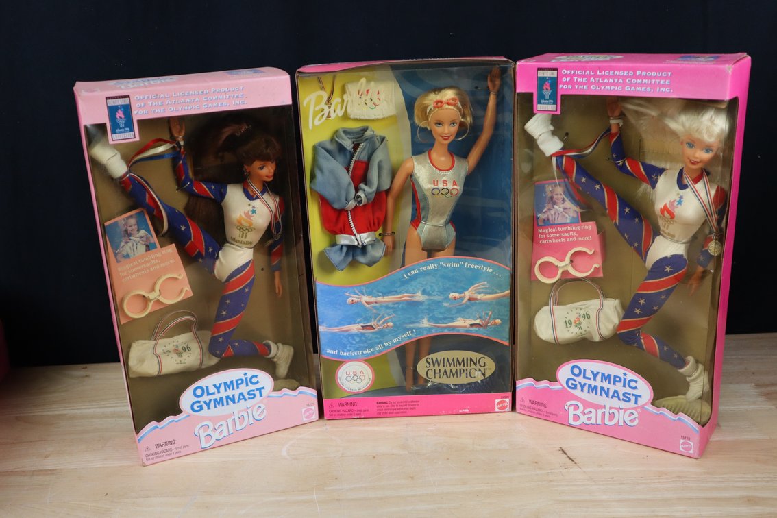 (2) Vintage 1996 Olympic Gymnast Barbies New in Box, (1) 2002 Swimming Champion Barbie New in Box