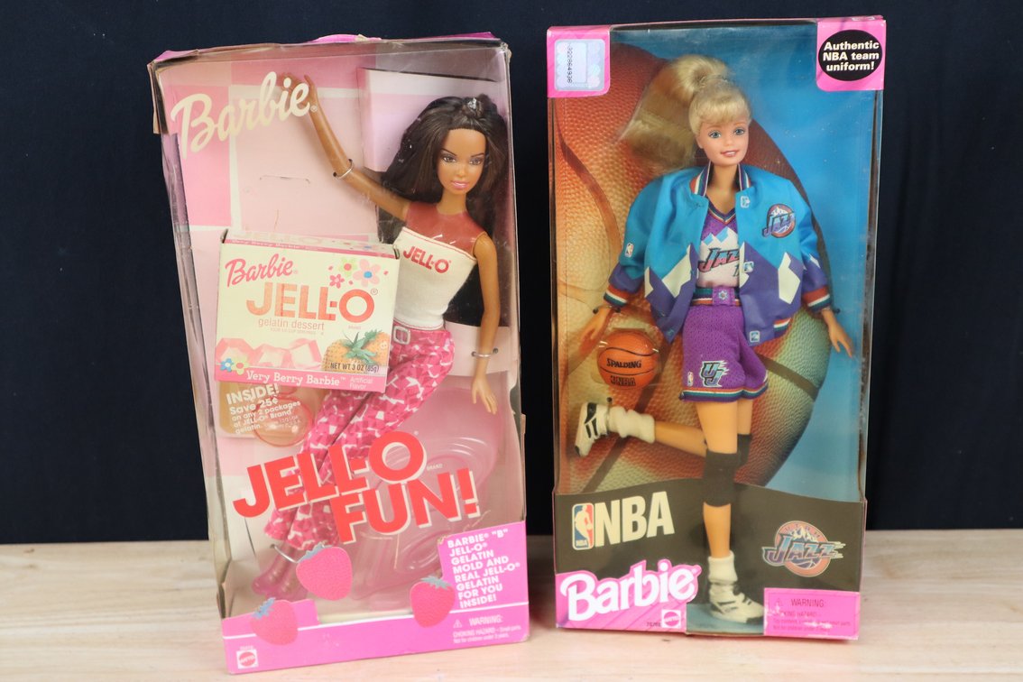 (1) Vintage 1998 Utah Jazz Barbie New in Box, (1) 2001 Jello Fun Barbie New in Box