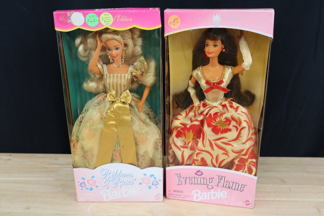 (1) 1994 Ribbons and Roses Barbie New in Box, (1) 1995 Evening Flame Barbie