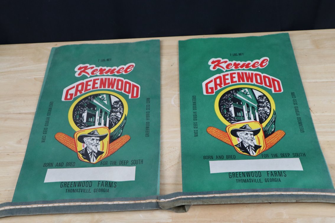 (2) Thomasville Georgia Seed Corn Bags Kernel Greenwood