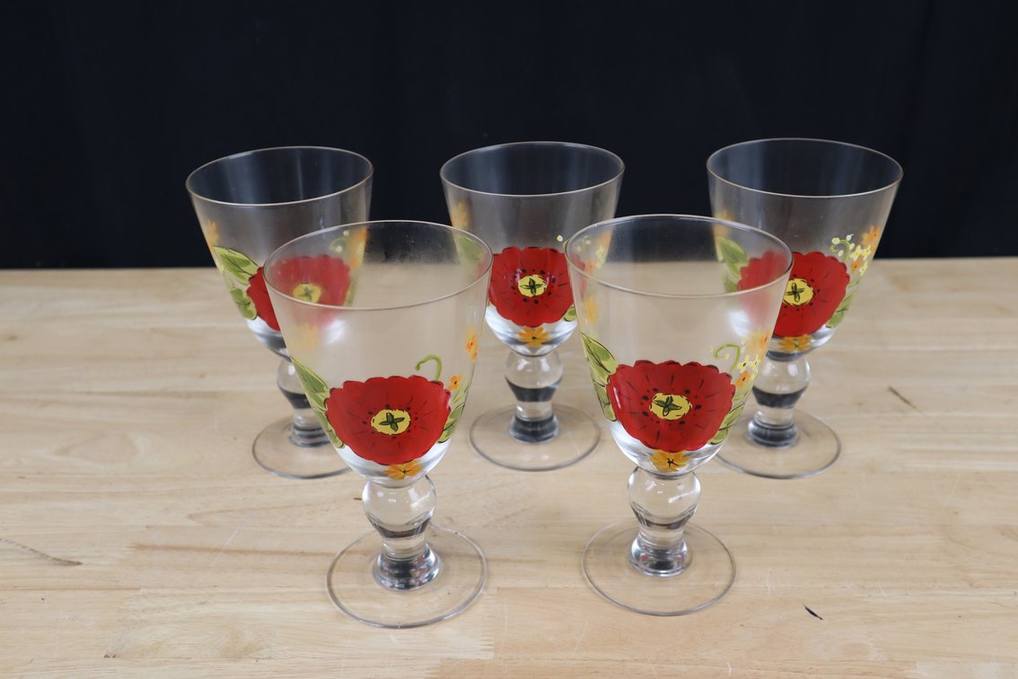 Lot of 5 Handpainted Water Goblets 6.5 oz