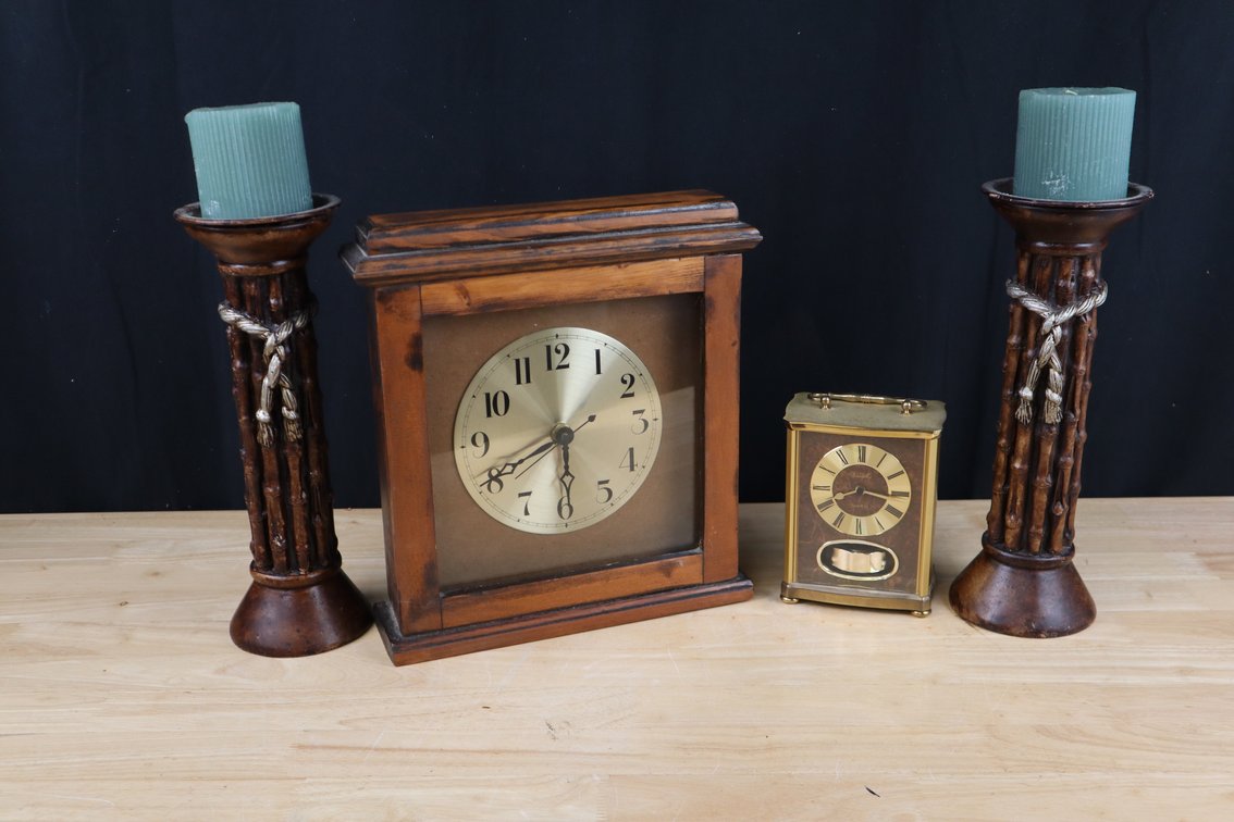Vintage Desk Clocks (1) Versailles West Germany, and (2) Candle Sticks 12" Tall 