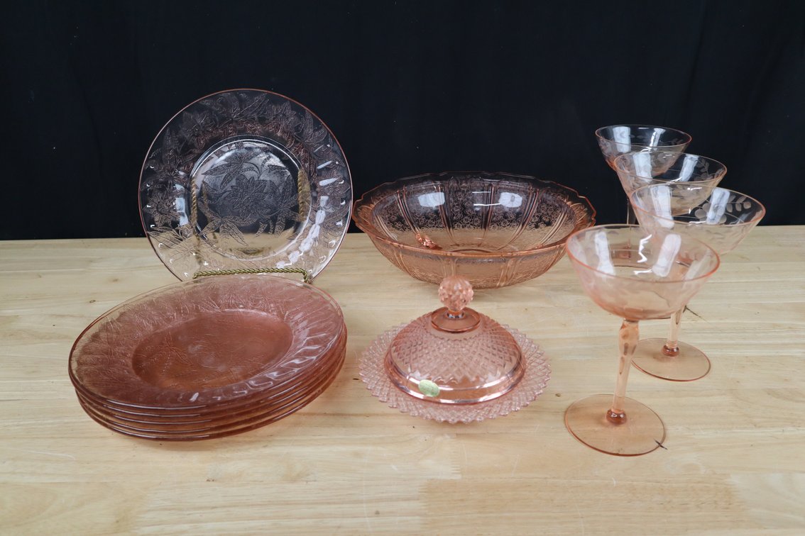 Collection of Pink Depression Glass Including (1) Serving Bowl, (6) Salad Plates, (4) Wine Glasses, and (1) Butter Dish with Lid
