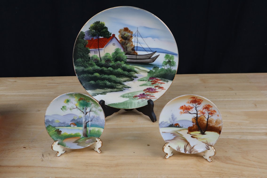 (3) Hand Painted Chickara and Ucagco Collectible Plates with Stands