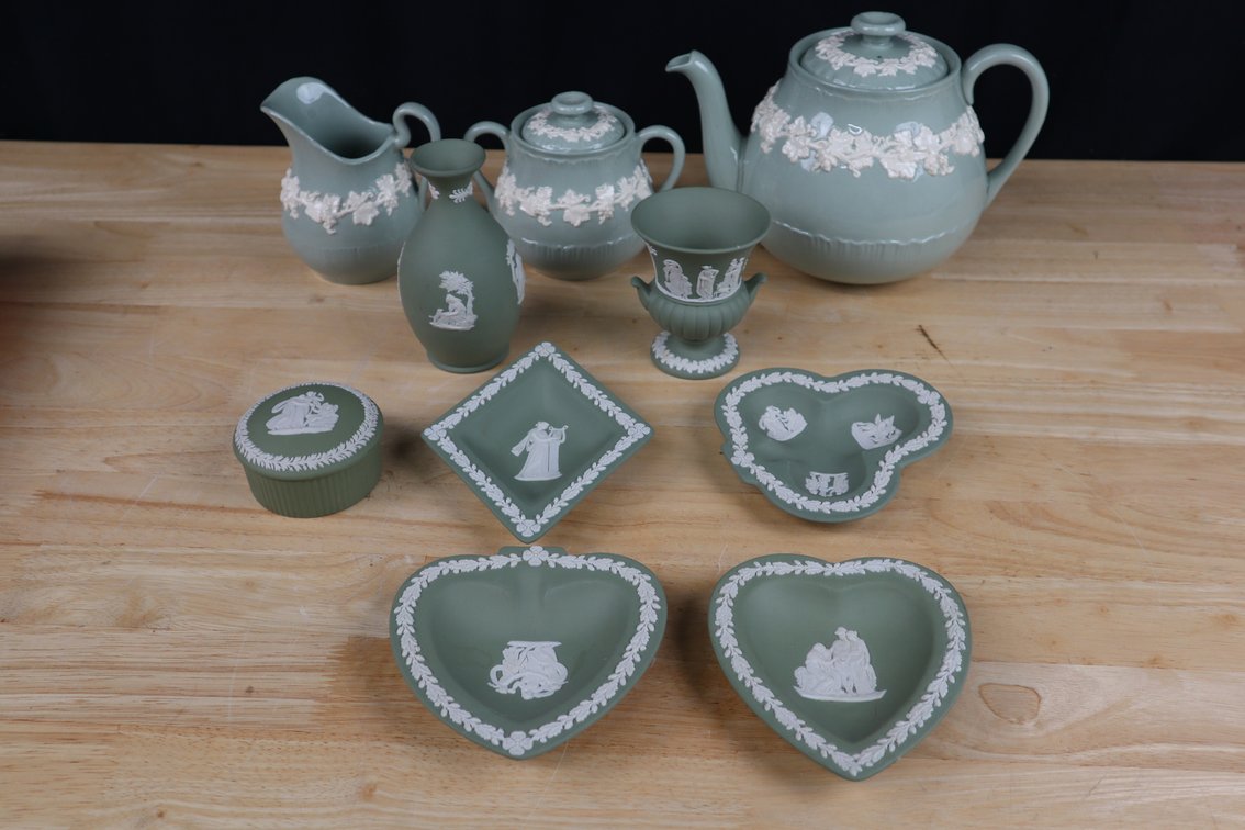 Collection of (10) Wedgewood Pieces including Tea Pot, Vases, Sugar Bowl and More!