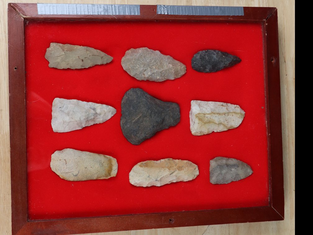 (9) Framed Native American Tools, Blades and Adz