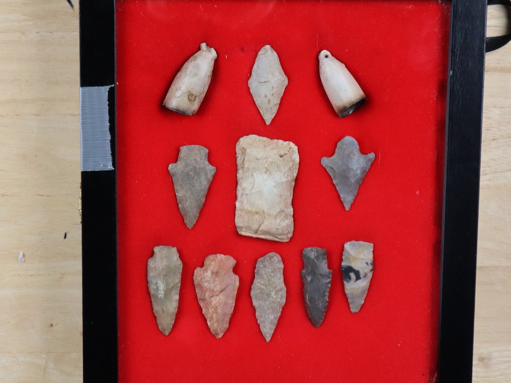 (11) Frame Projectile Points, Adz and Trade Pipes