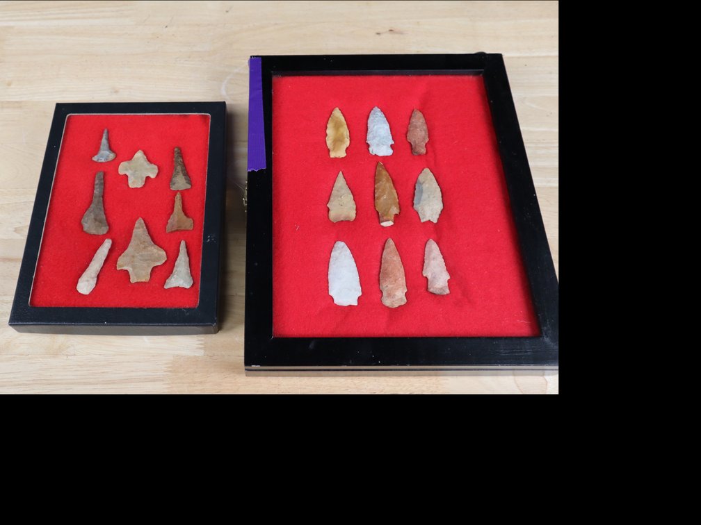 (2) Frames Indian Arrowheads and Drills, consisting of (8) Drills and (9) Southern Points