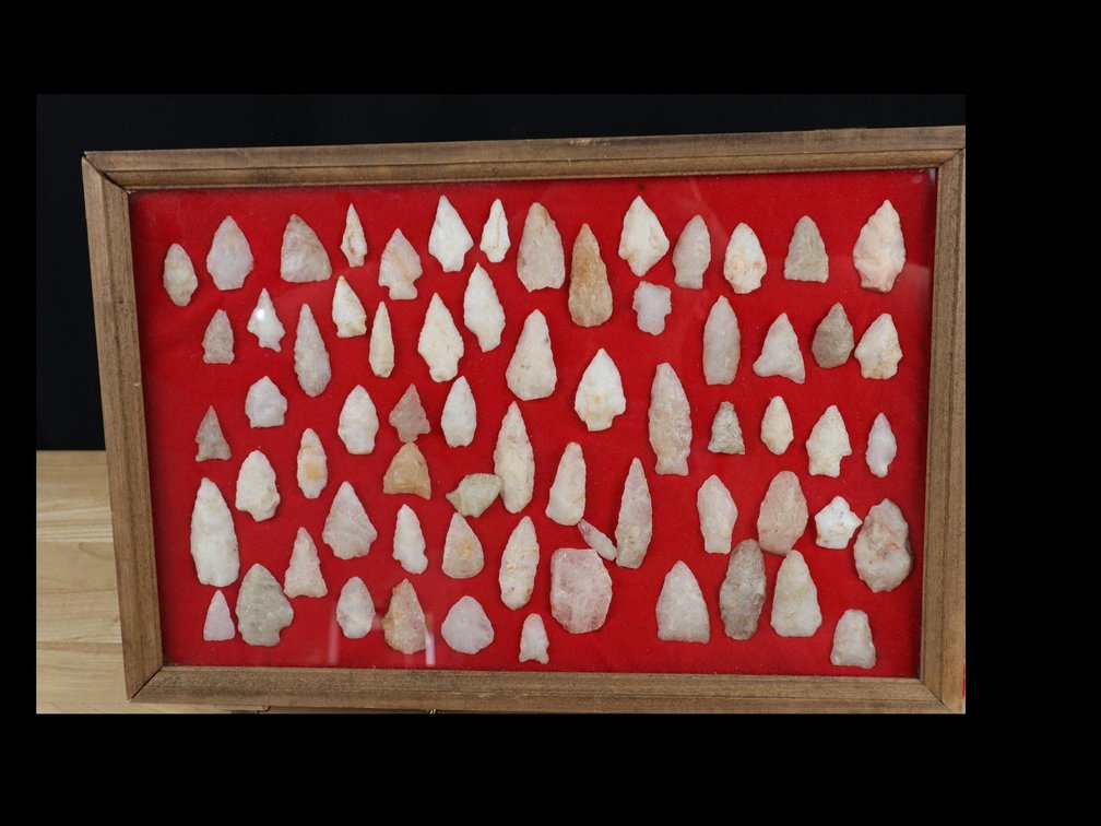 (66) Framed Quartz Indian Arrowheads and Projectile Points