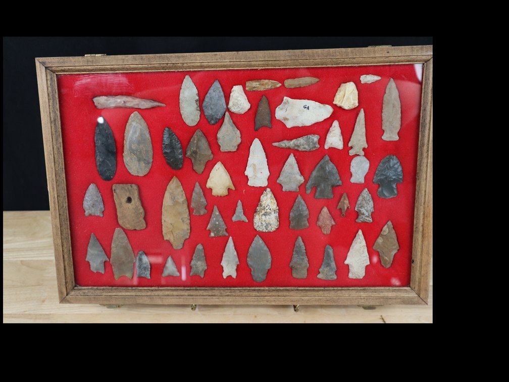 (47) Framed Indian Arrowheads, Clay Pendant, and Tools