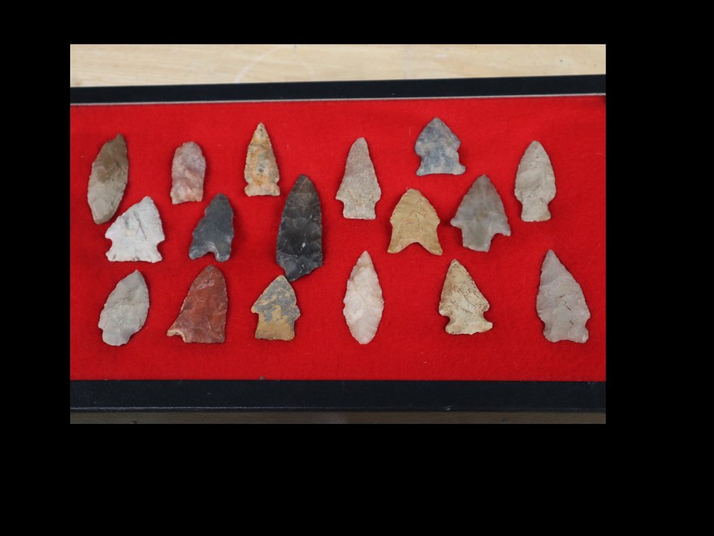 (17) Framed Indian Arrowheads Including Some Paleo Points