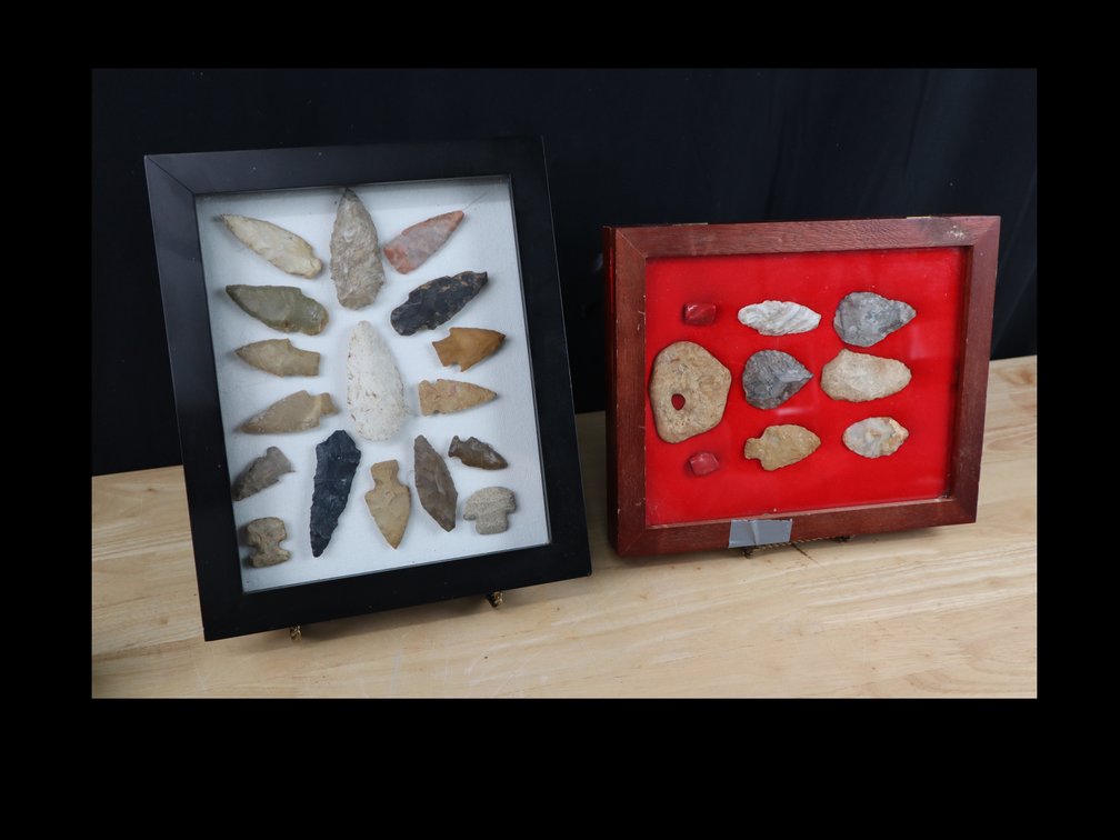 (2) Frames Indian Arrowheads, consisting of (17) and (9) Arrowheads, Beads, Tools and More
