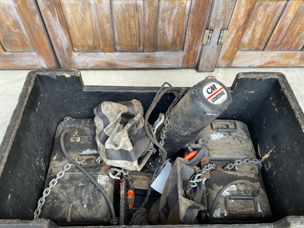 (3) CM Lodestar Electric Chain Hoists with Chain Containter and Rolling Cart, (2) 1 Ton Hoists and (1) 1/2 Ton Hoist