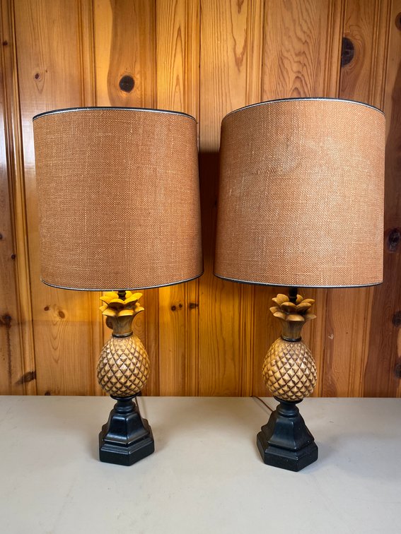 Pair of Vintage Pineapple Ceramic Lamps with Original Burlap Shades