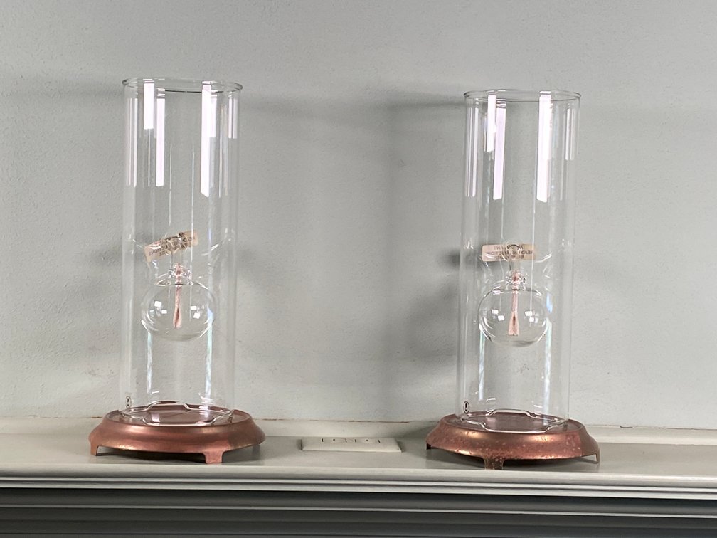 Wolfard Glass Company Germany Pair of Oil Lamps/ Oil Candles with Brass Stands 12"