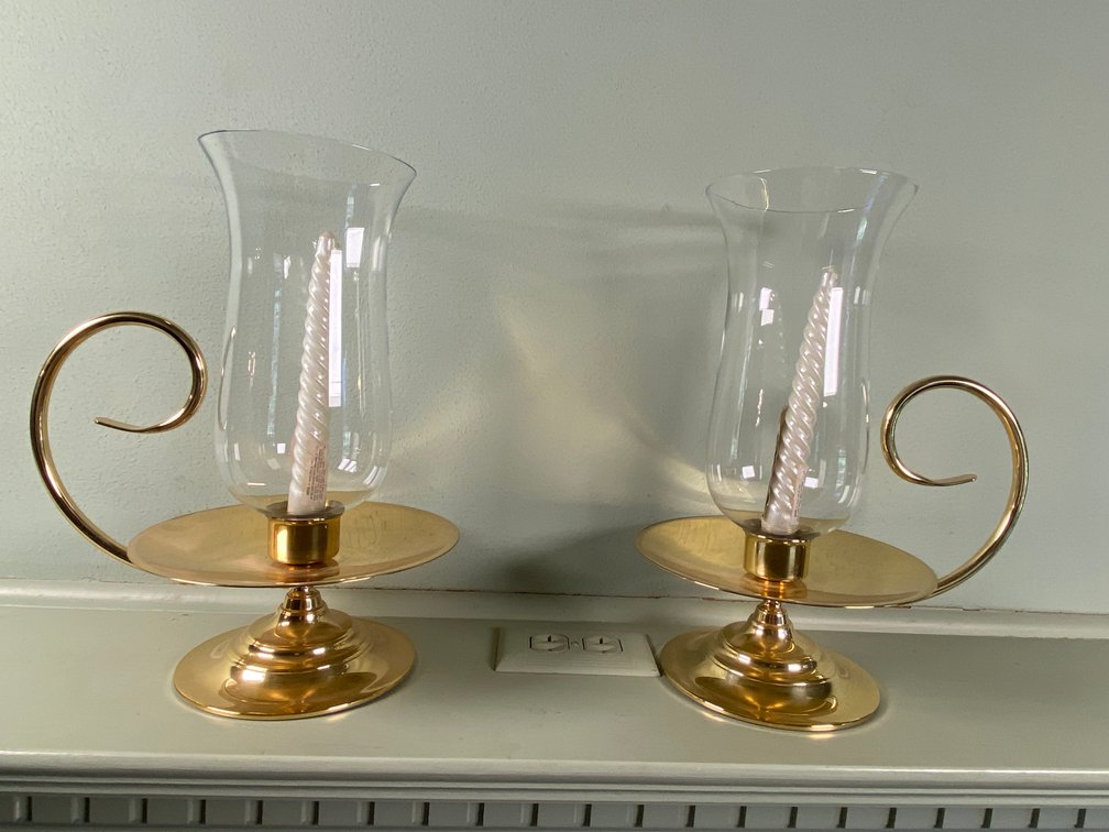 Pair of Vintage Baldwin Brass Glass Hurricane Lamp Candle Holders 