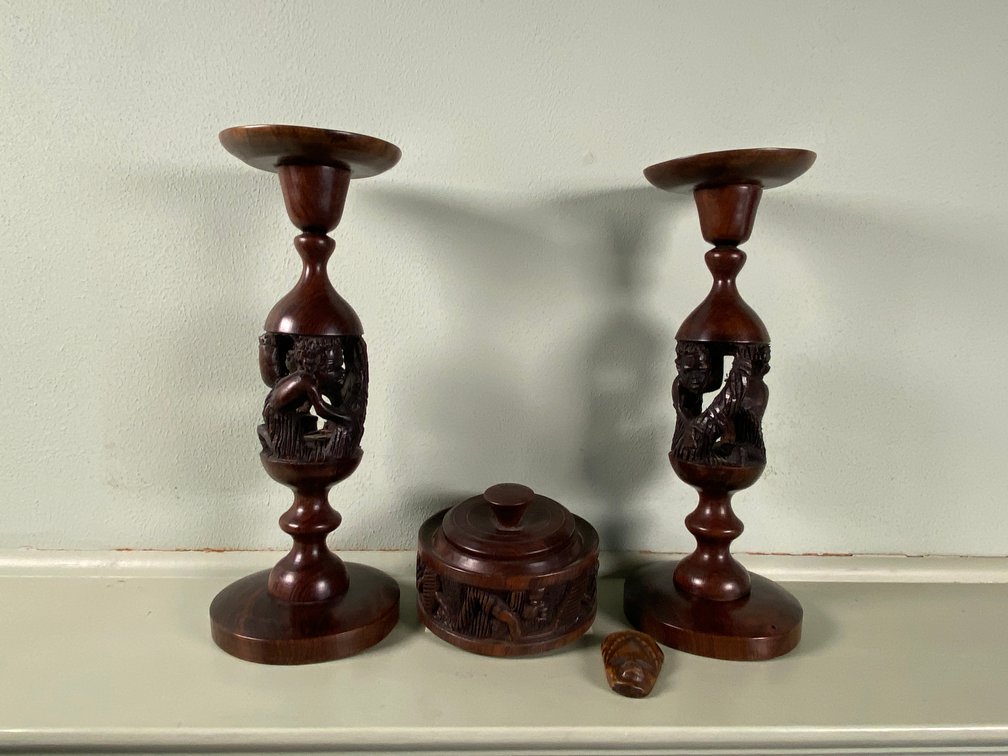 (4) Piece Tribal Hand Carved Hard Wood Collection Including (2) Candlesticks, Trinket Box and Mask