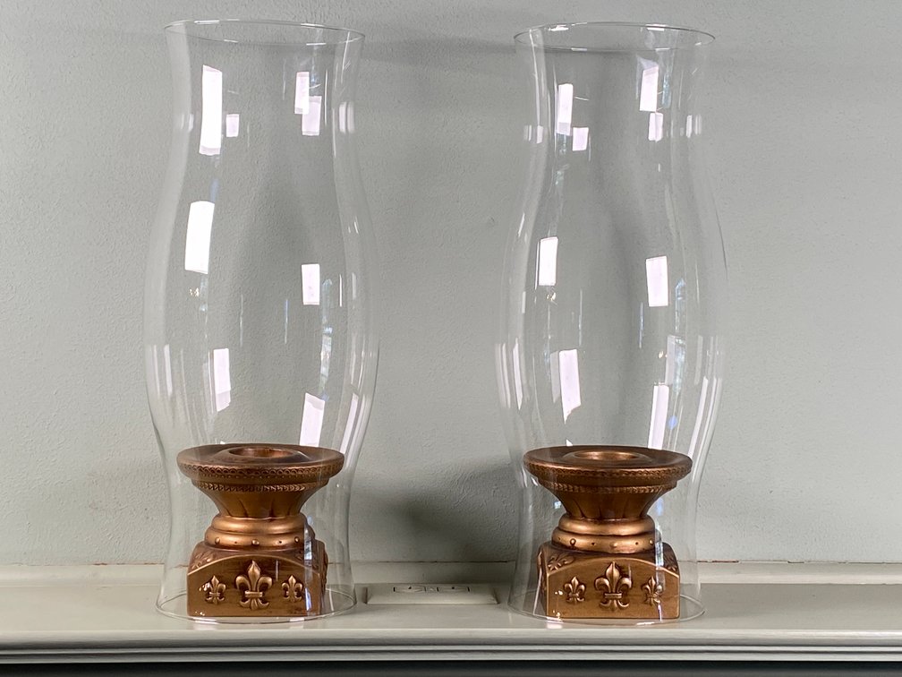 Pair of (2) Large 19" Glass Hurricane Lanterns with (2) Parma by AAI Ceramic Candle Holders