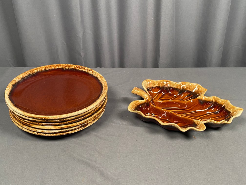 Collection of (7) Vintage USA Stoneware Pieces Including Maple Leaf Serving Dish and (6) Dining Plates Marked Oven Proof USA