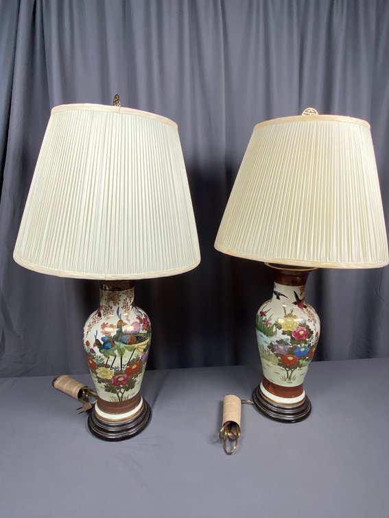Pair of Vintage "As You Like It"  Hand Painted Chinese Porcelain Table Lamps With Shades