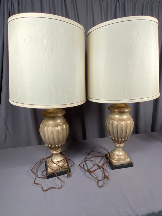 Pair of Vintage Heavy Table Lamps with Original Silk Shades