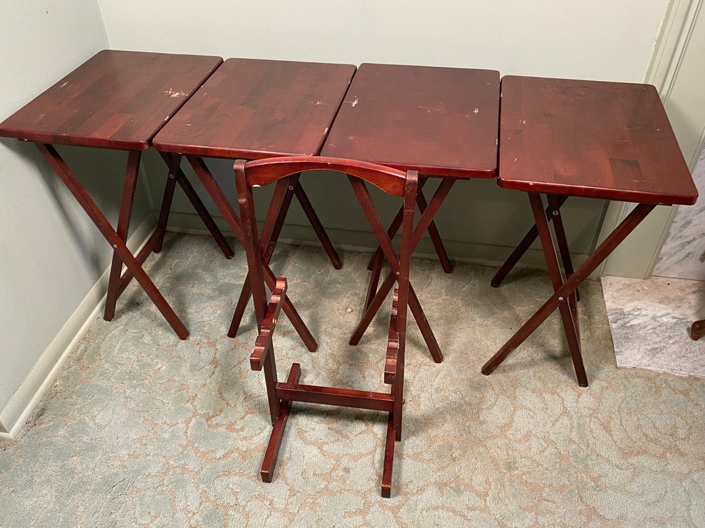Set of (4) Collapsible Rosewood TV Trays with Stand