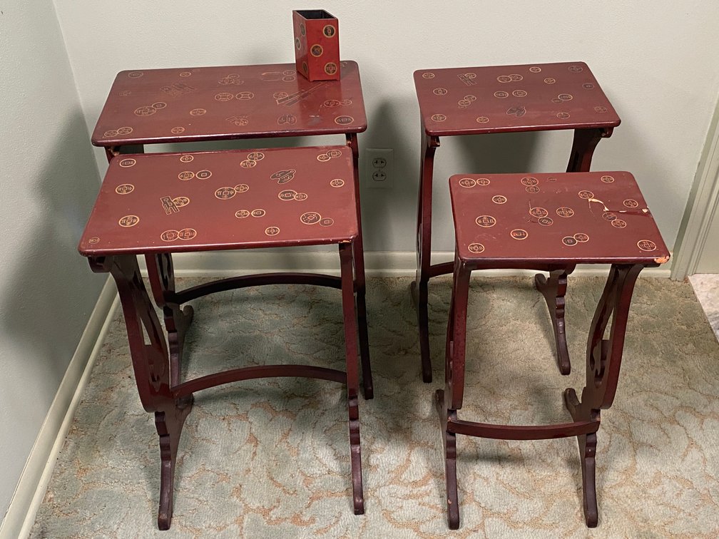 Vintage Asian Lacquered Nesting Tables With Pen Holder