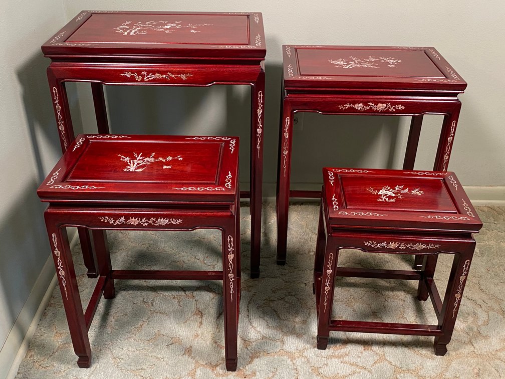 Set of (4) Antique Chinese Rosewood Hand Made Nesting Tables Inlaid Mother of Pearl